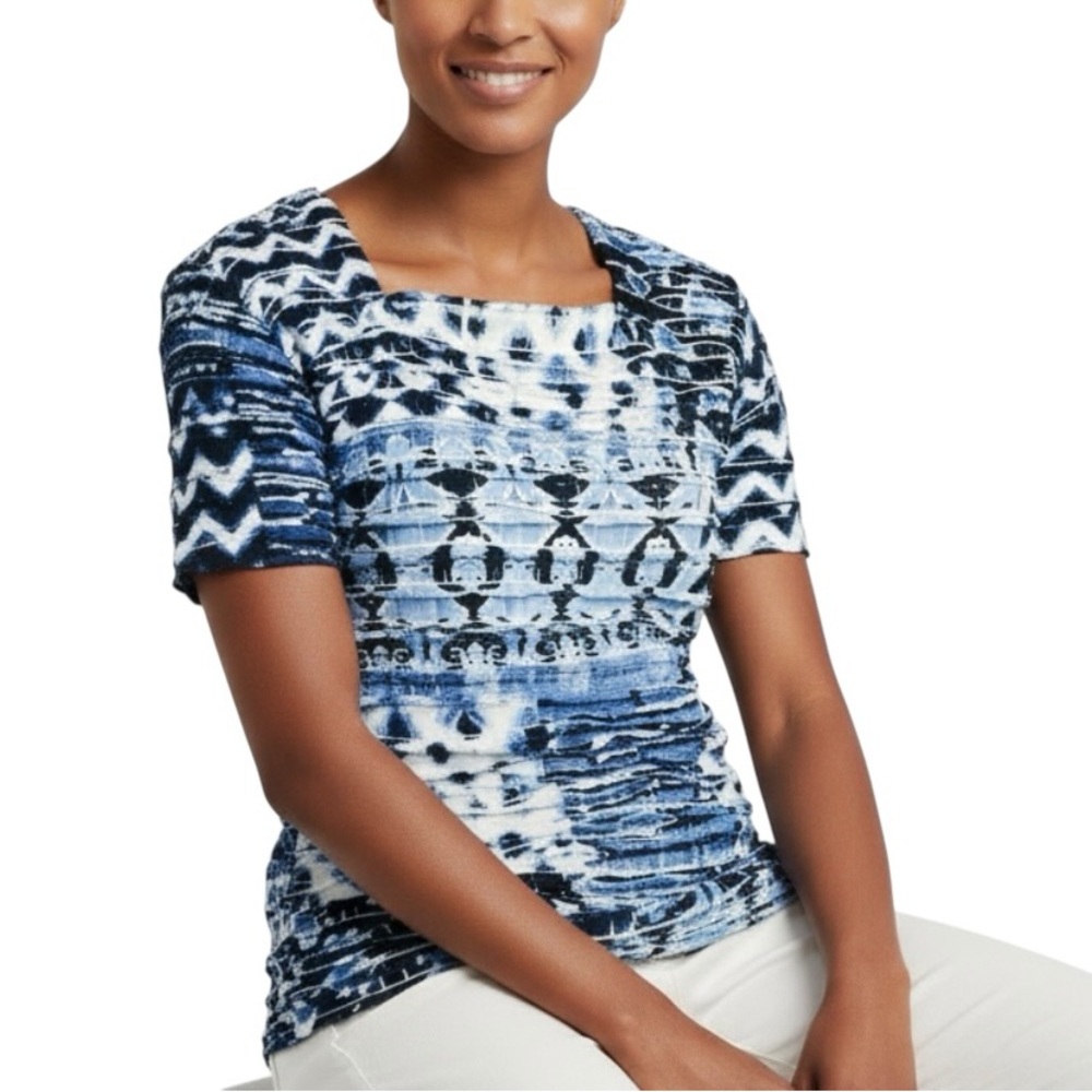 Alfred Dunner Blue Square Neck Short Sleeve Ruffle Layered Top Women’s Size L